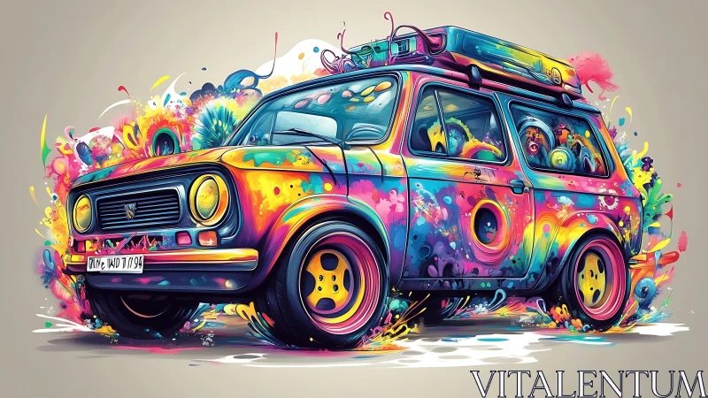 Psychedelic hatchback rendered in dynamic neon splatter livery