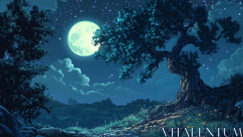 Lunar backlit oak under high-contrast nocturnal skyscape.