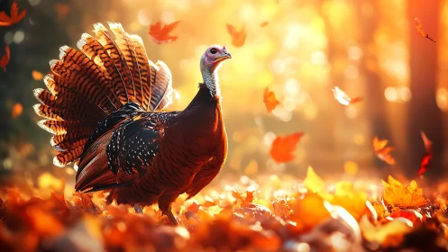 Wild turkey struts through glowing autumn forest leaves.