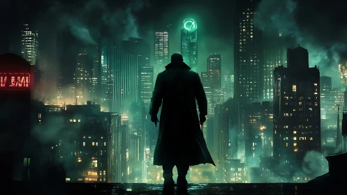 Cyberpunk noir silhouette over neon fog megacity skyline.