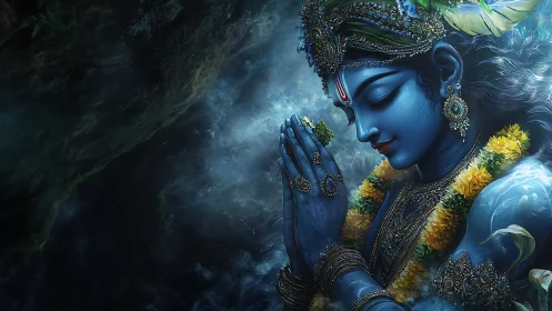 Blue skinned deity rendered in detailed praying side profile