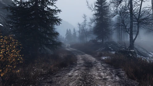 Mist-kissed forest path winding into a quiet winter hush.