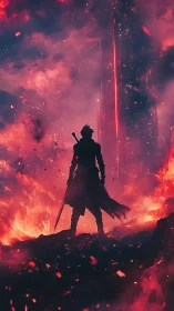 Sword-wielding warrior faces burning neon monolith alone.