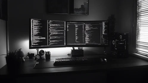 Monochrome dual-monitor coding workstation in low-key light