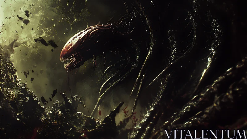 Digital painting of abyssal alien predator in toxic gloom.