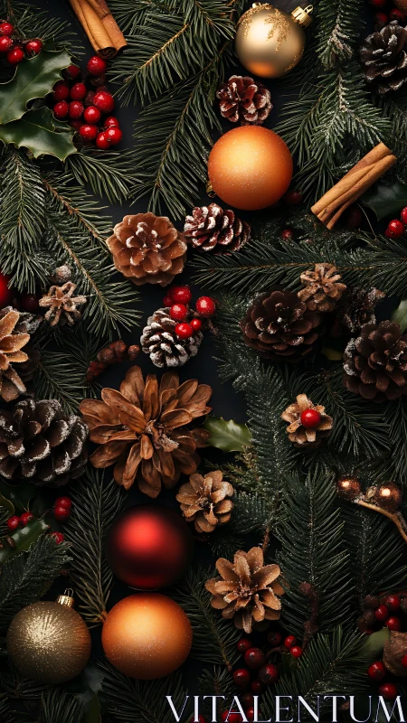 Festive evergreen tapestry with pinecones, berries, and baubles.