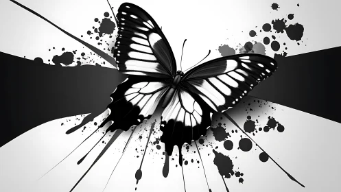Monochrome butterfly over bold ink-splatter abstraction.