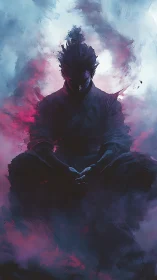 Silhouetted warrior meditating in magenta and cyan vapor field