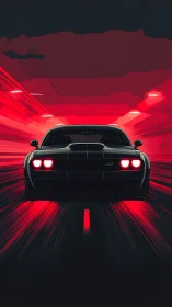 Rear-view muscle car accelerates through neon tunnel space