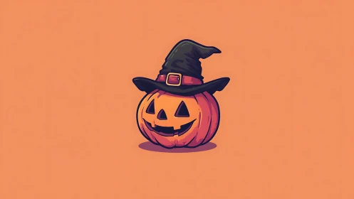Flat digital jack-o-lantern with witch hat illustration.