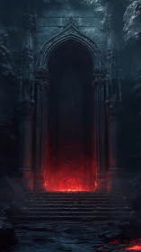 Gothic stone gate over glowing infernal portal in cavern.