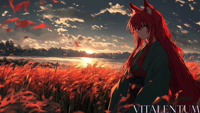 Fox-eared girl wandering through a glowing sunset field.