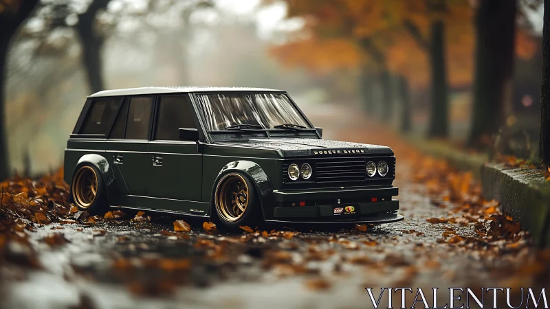 Widebody retro wagon model rendered on wet autumn roadway
