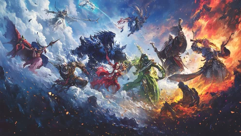 Elemental fantasy warriors clash across cloud, fire and storm fields
