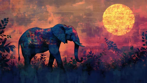 Gentle elephant wanders beneath a glowing sunset moon