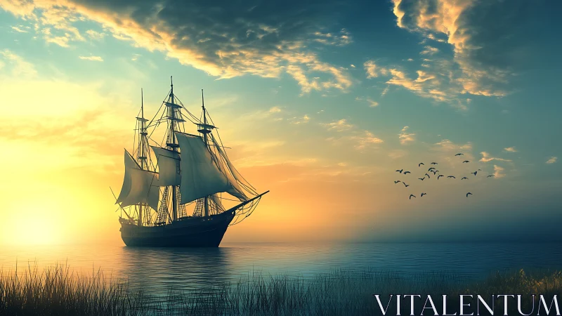 Tall ship silhouette against calm golden sunrise horizon.