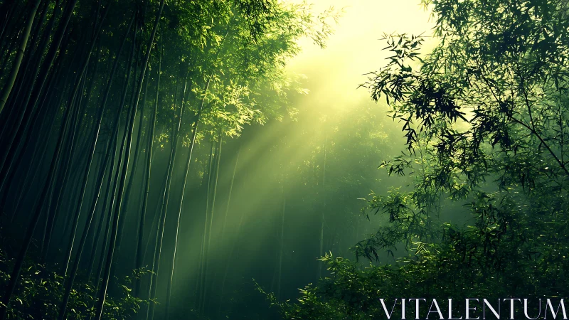 Volumetric sunlight penetrating dense emerald bamboo grove