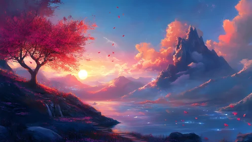 Sunset lake with pink tree and distant mountain peak.