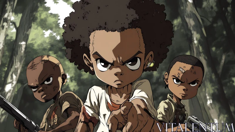 Defiant young warriors confront the viewer in dense forest.