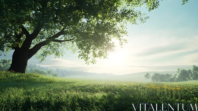 Sunlit tree over grassy meadow with distant rolling hills.
