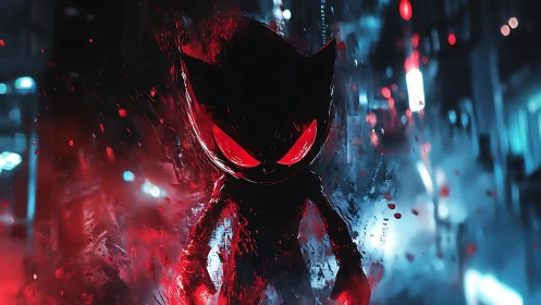 Glowing red-eyed silhouette rendered in neon-lit urban smoke field