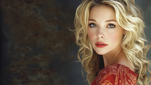 Photorealistic portrait of blonde woman in red embroidered dress