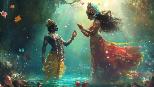 Divine couple in luminous forest pool with drifting petals.