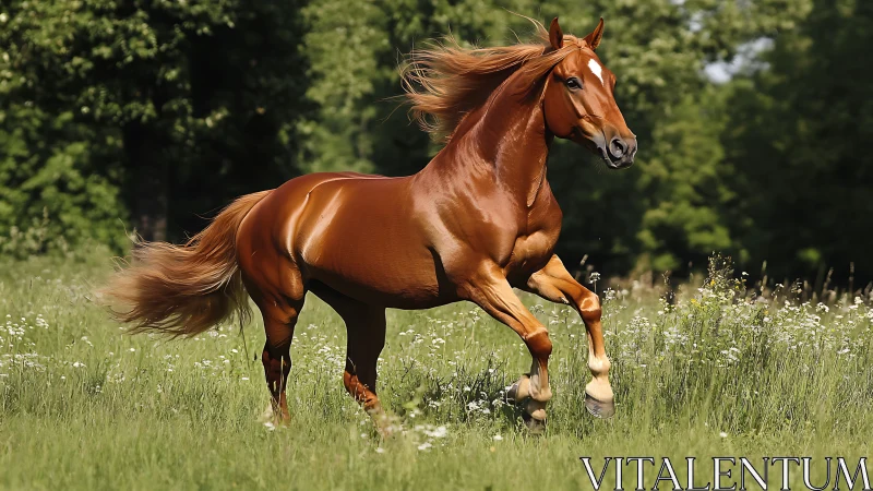Chestnut thunder gallops through sunlit meadow glory.