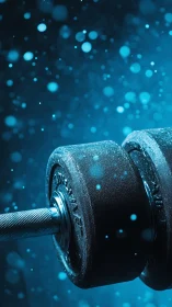 Macro closeup of textured steel dumbbell in blue particle field.