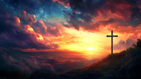 Radiant sunset sky welcomes a quiet hilltop cross silhouette