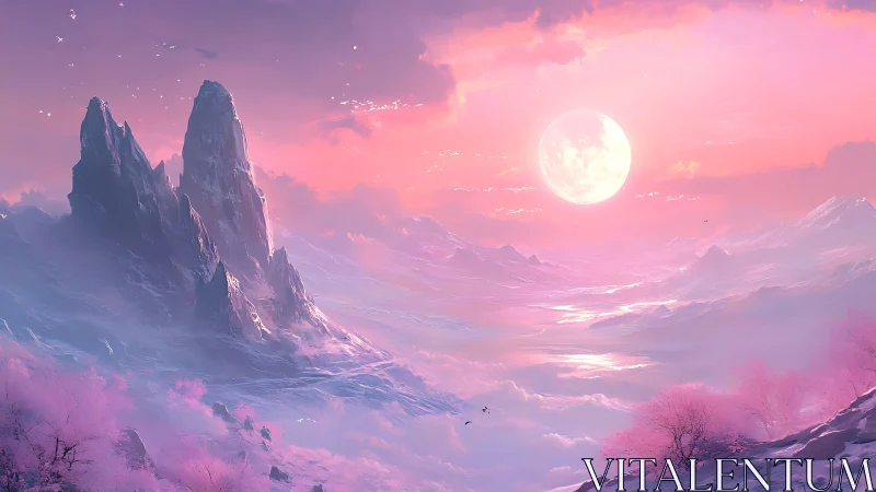 Pink lunar landscape with sharp mountains and mist plains.