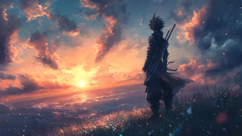 Swordlit wanderer greeting a storm-brushed fantasy sunrise.