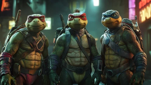 Mutant turtle warriors patrol neon alley with urban armor.