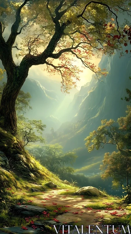Ancient Tree Frames Mountain Valley in Golden Mist.
