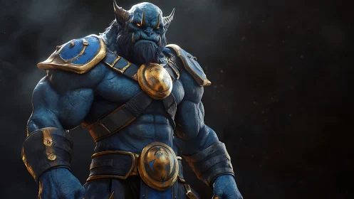 Blue humanoid warrior figure stands in detailed armor