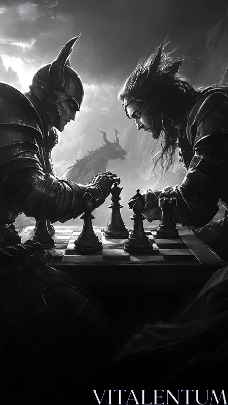 Armored knight and sorcerer locked in monochrome chess duel