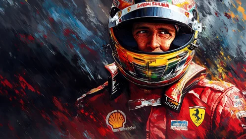 Racing driver portrait glows in bold abstract brushstrokes.