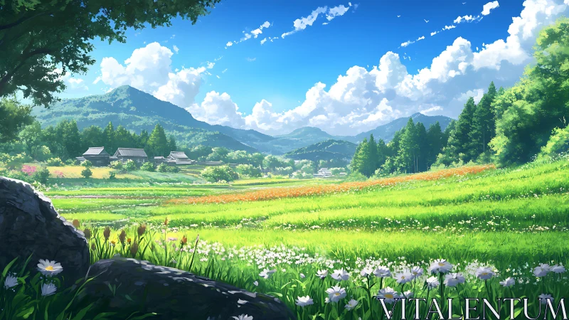 Sunlit rural valley stretches beneath distant blue mountains