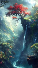 Red tree over waterfall in misty fantasy canyon scene.