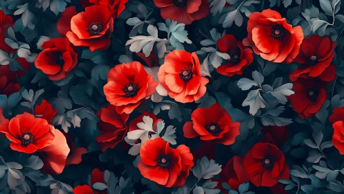 Vibrant Red Poppies Dance Across Moody Blue.