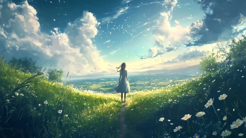 Girl stands on a sunlit hilltop, embracing an endless sky
