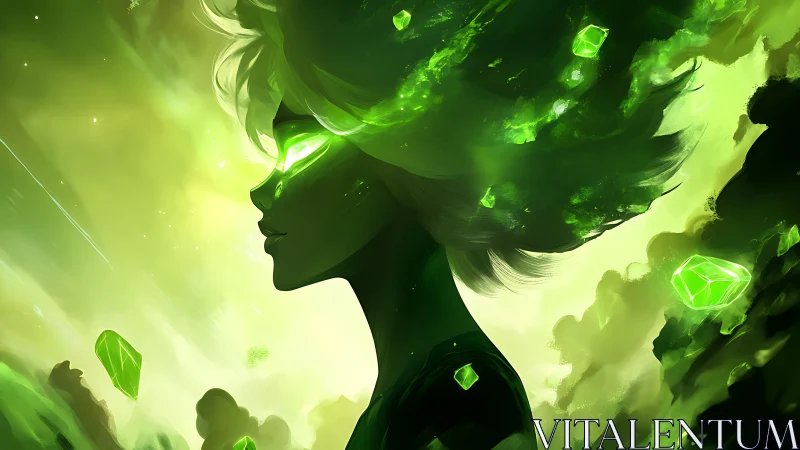Emerald storm muse in profile, glowing with cosmic quietude.