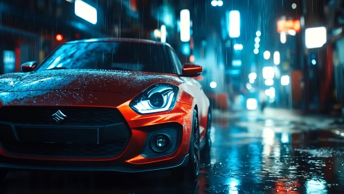 Neon rain crowns a crimson city car poised for midnight chase