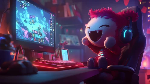 Neon-lit mascot gamer rig in stylized RGB desktop studio.