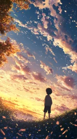 Quiet hilltop evening where a child listens to the sky.