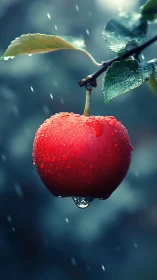 Rain-soaked red apple hanging from branch in close-up.