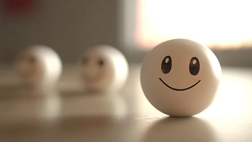 Row of spherical smiley faces under soft window light.
