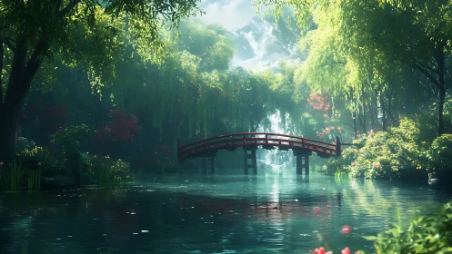 Radiant red bridge spans reflective pond under volumetric forest light