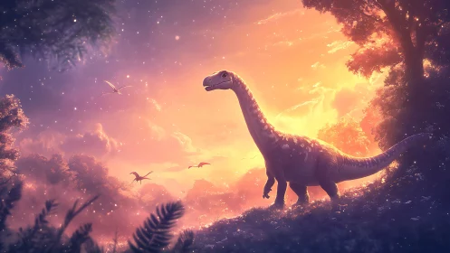 Sauropod dinosaur in warm sunset forest clearing scene.