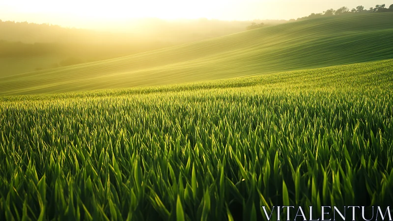 Sunlit green crop field extends across rolling hills at dawn